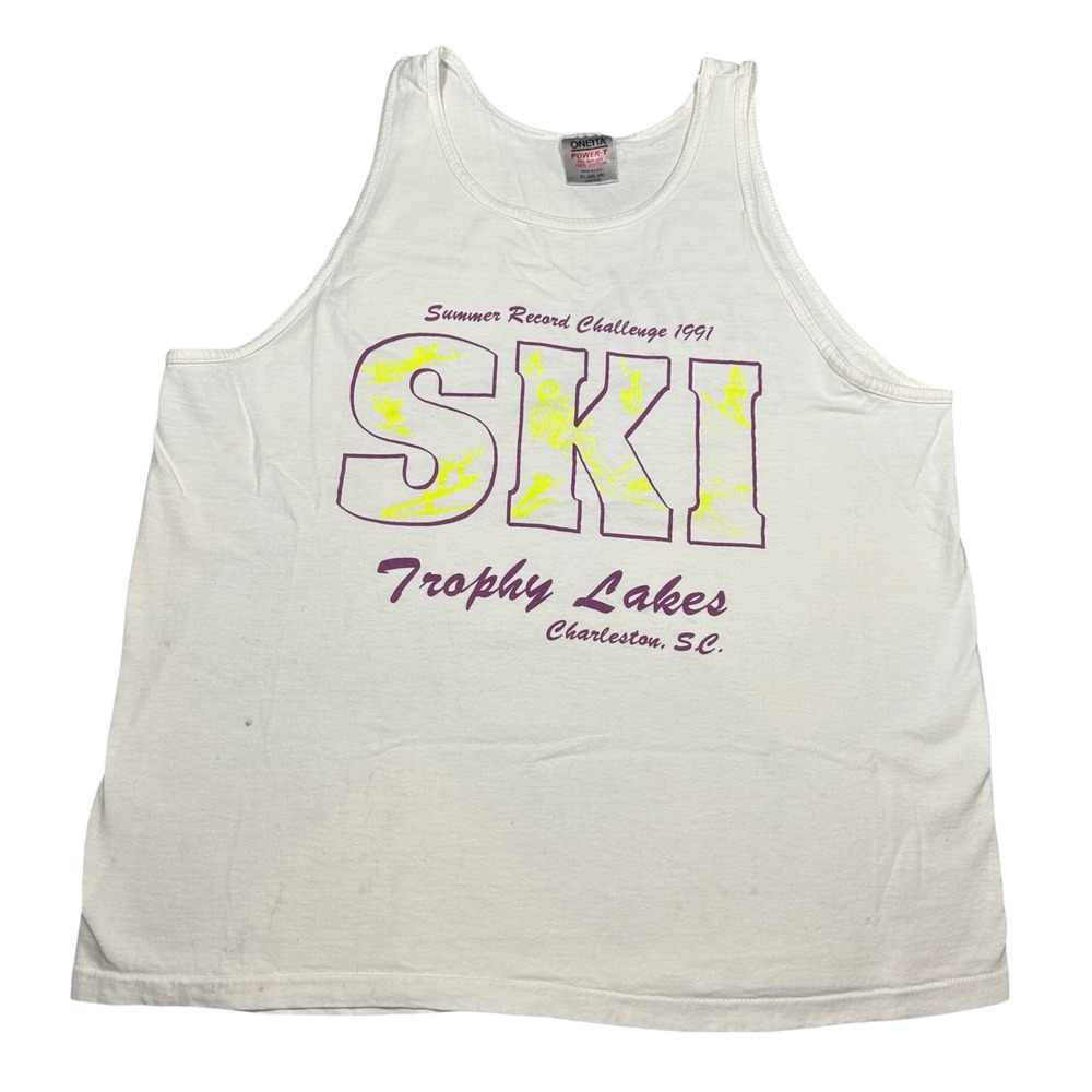Vintage 1991β Oneita Power-T SKI Trophy Lakes Charleston Tank Top XL USA White